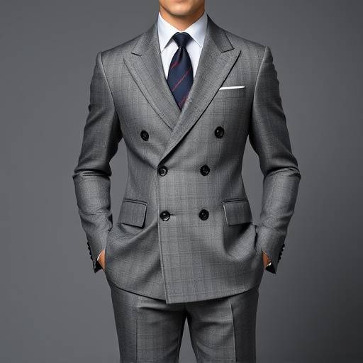 A double-breasted bespoke suit in a refined grey flannel, emphasizing a powerful silhouette.