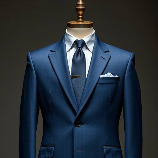 A perfectly tailored navy blue suit on a mannequin